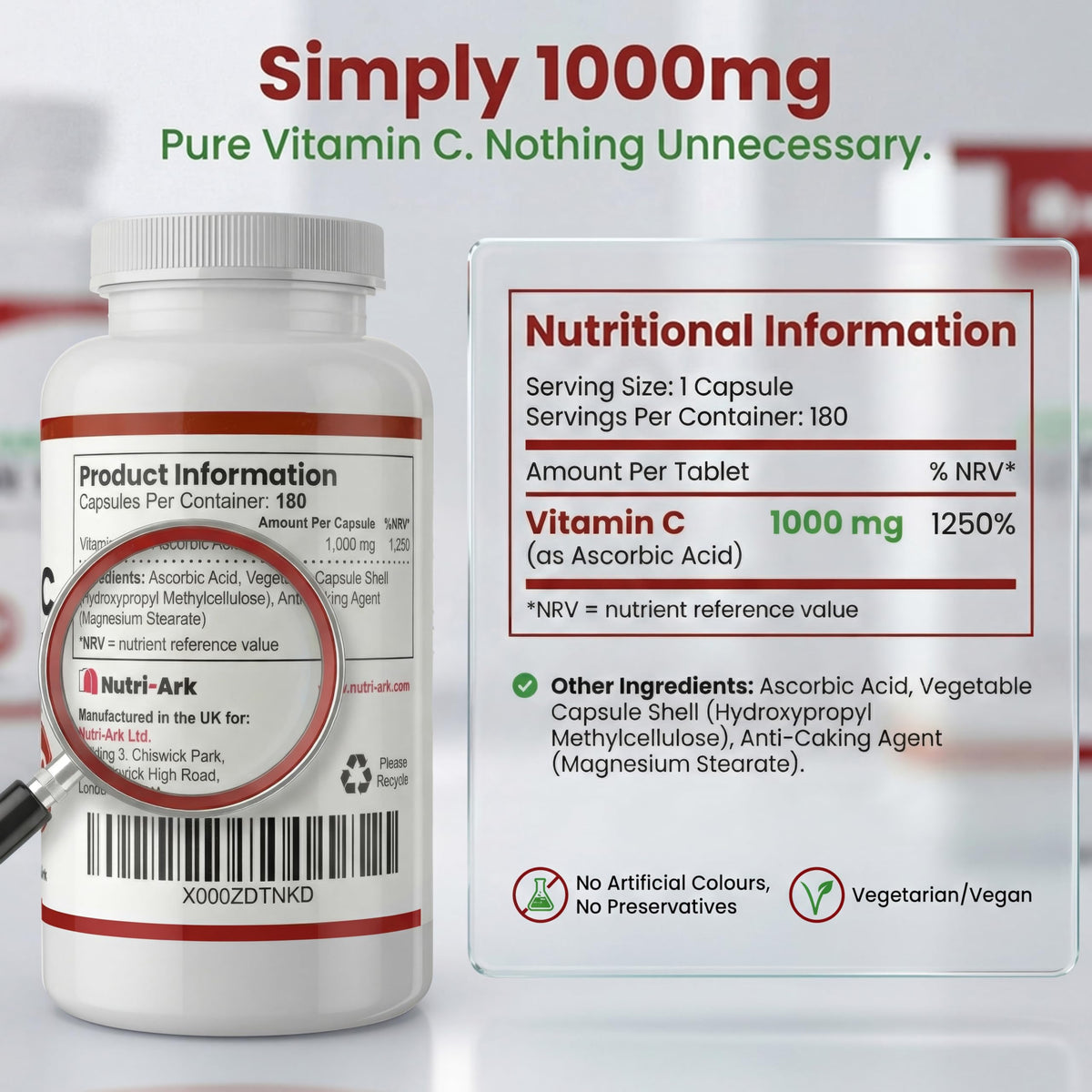 Nutri-Ark Vitamin C 1000mg | 180 Capsules (6 Month Supply) | High Strength Ascorbic Acid | Vegan & Vegetarian Friendly | Manufactured in the UK