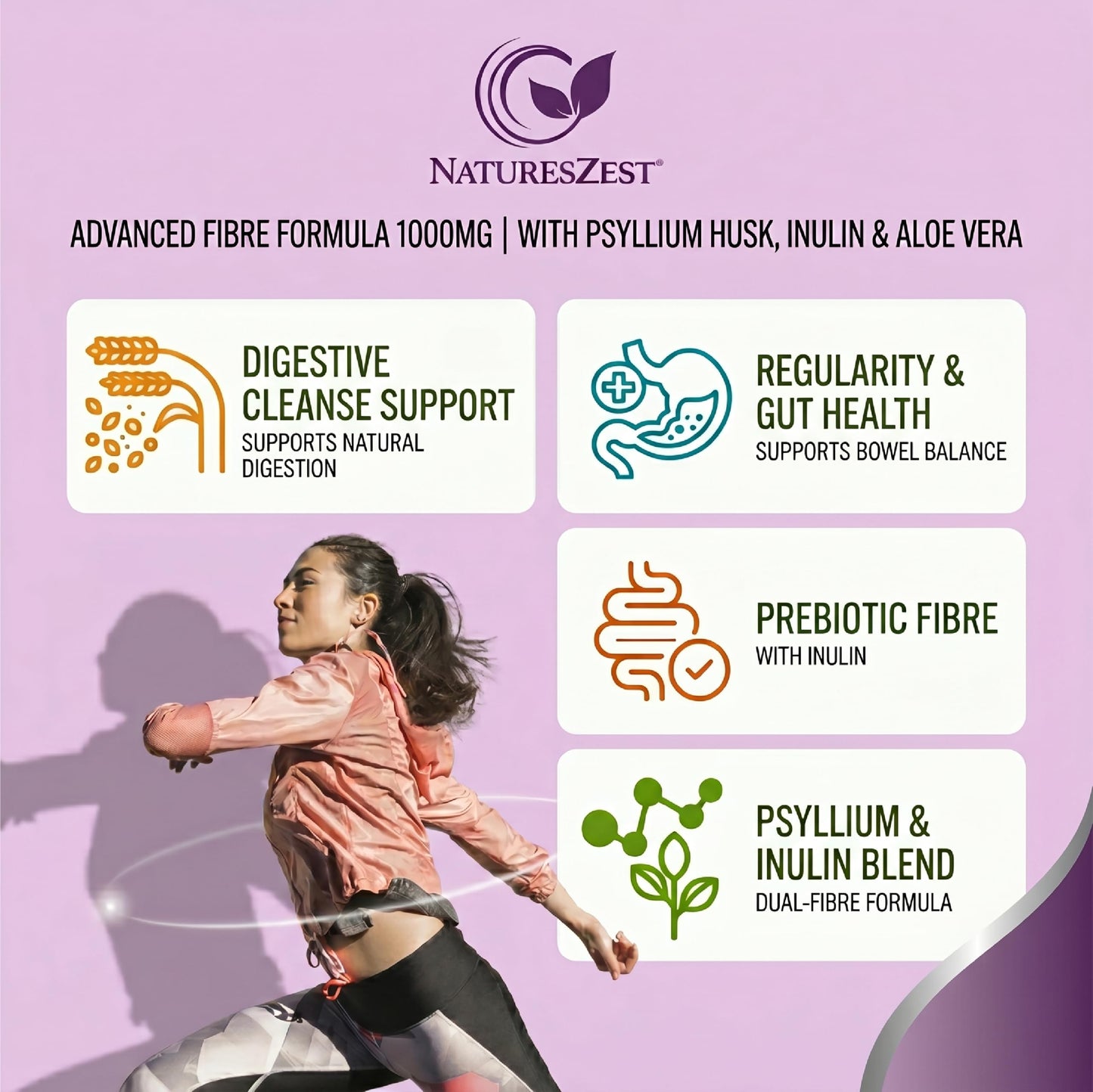 Natures Zest FibrePro 1000mg - Fibre Supplement -240 Psyllium Husk Capsules | High Strength Fiber Supplement Enriched with Prebiotic Inulin, Aloe Vera & Flaxseed | Vegan, Non GMO| UK Made - 4 Month Supply