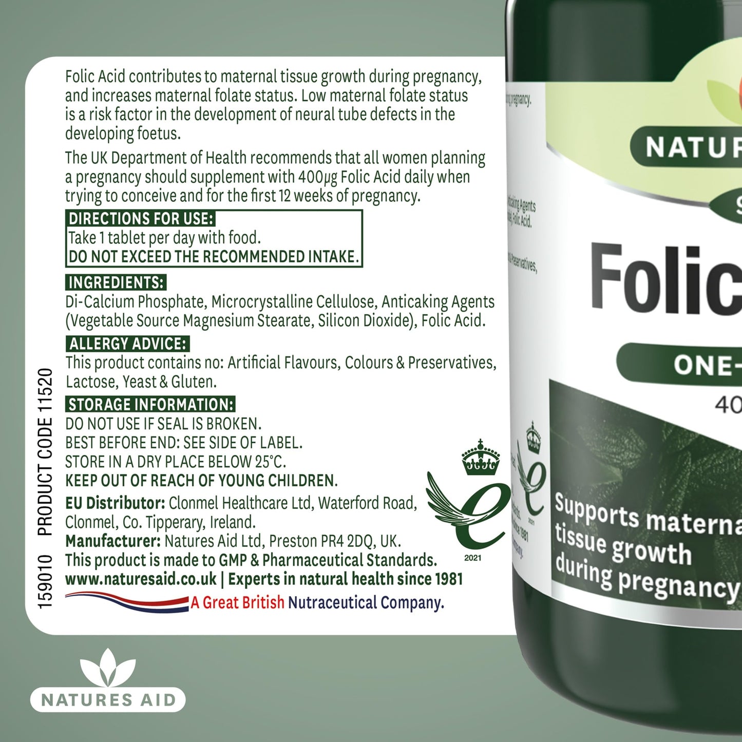 Natures Aid Folic Acid 400mcg – Supports Prenatal Health, Red Blood Cell Formation, DNA Synthesis – Vegan, Non-GMO, Gluten-Free – High Potency Natural Supplement – 90 Tablets