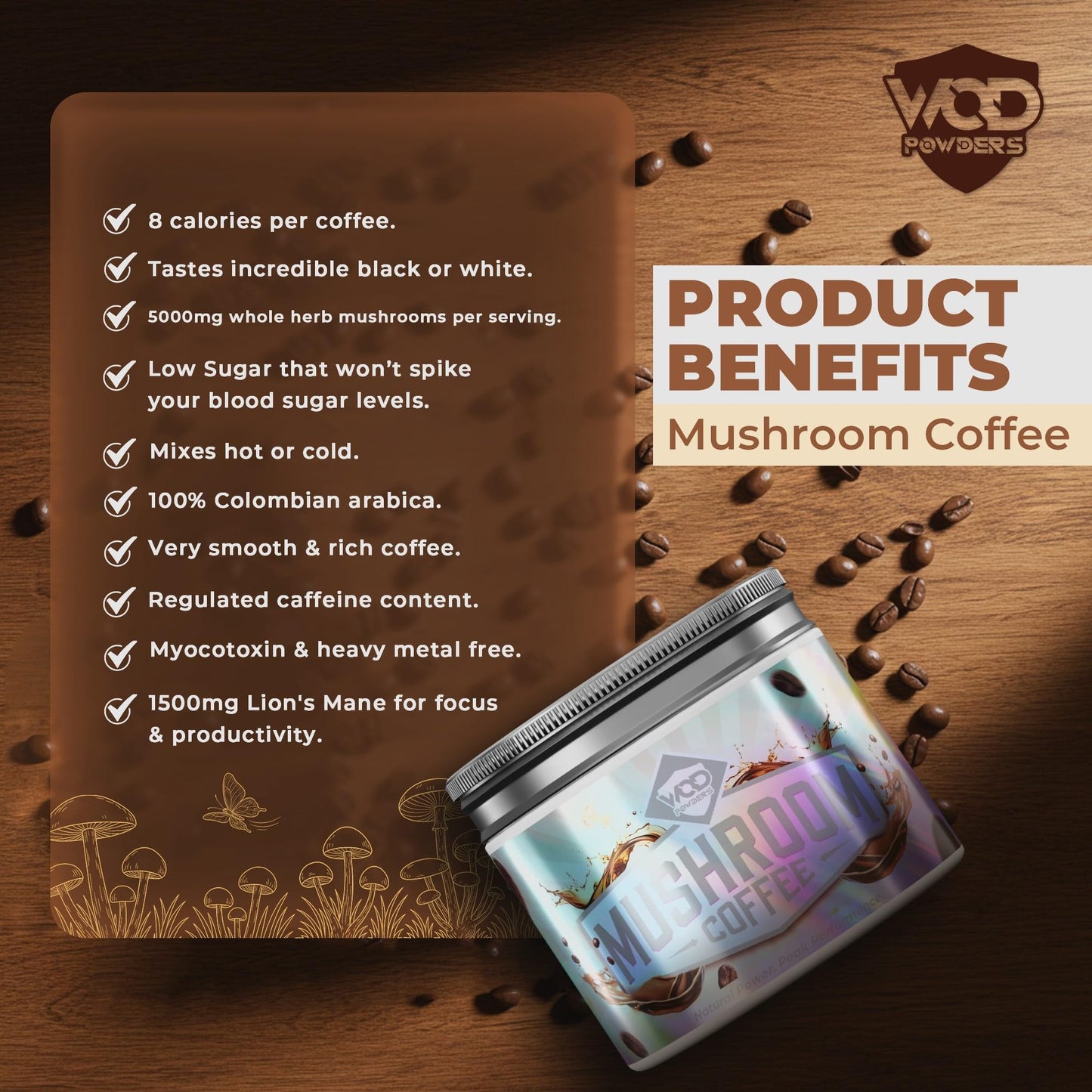 Mushroom Coffee | Instant Arabica TrueStart Coffee with Lion's Mane, Chaga, Reishi, Cordyceps & Ashwagandha for Focus, Energy & Immunity | 240g Tub with Scoop | Made in the UK by WOD Powders