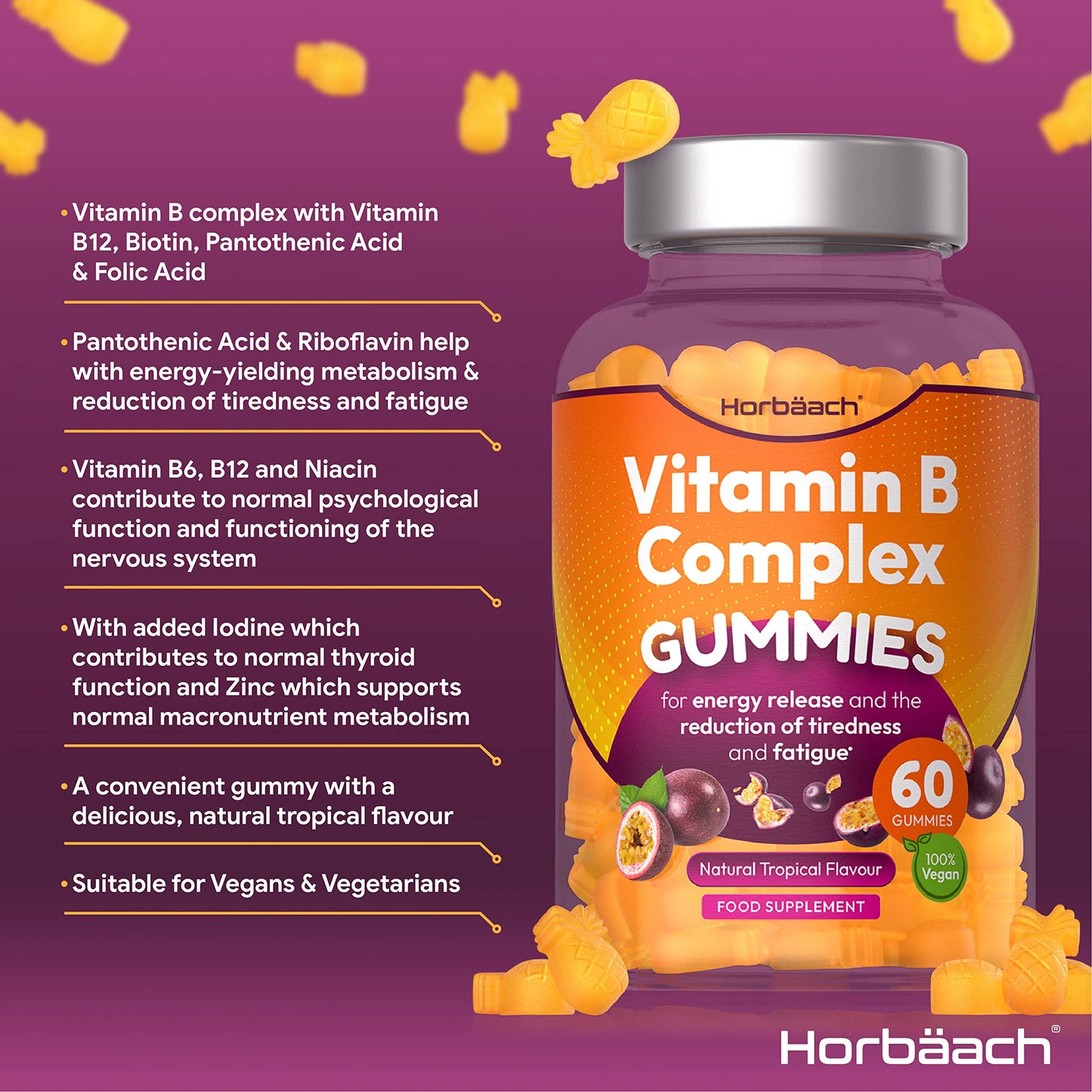 Vitamin B Complex Gummies | 60 Vegan Gummies - Tablet Alternative | High Strength B12, B6, B12, B2, B3, B5, Biotin, Folic Acid, Zinc and Iodine Supplement | by Horbaach