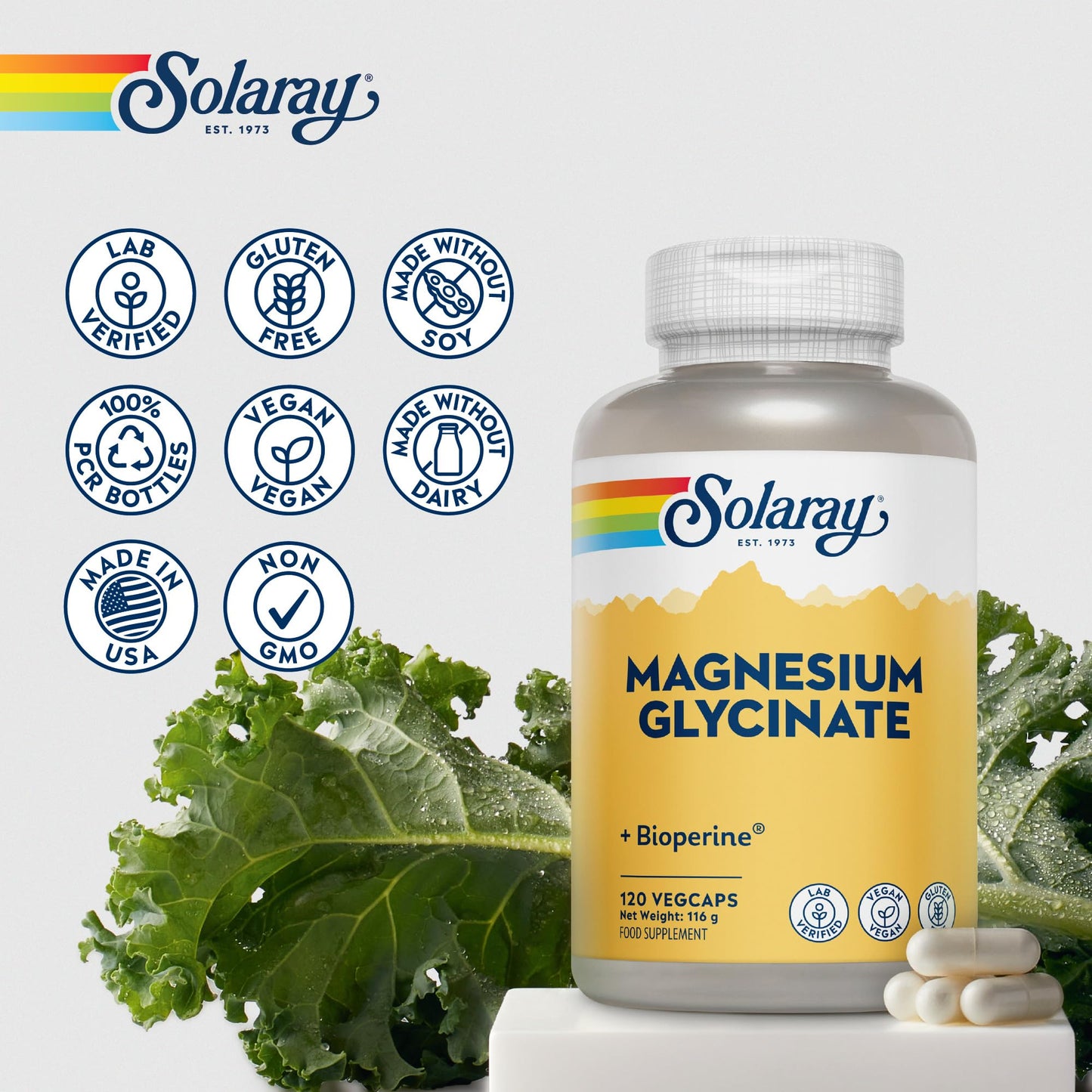 SOLARAY Magnesium Glycinate - 120 Vegan Capsules - High Strength Magnesium Bisglycinate Supplement - with Added Bioperine Black Pepper for Gentle Digestion - Lab Verified - Solaray