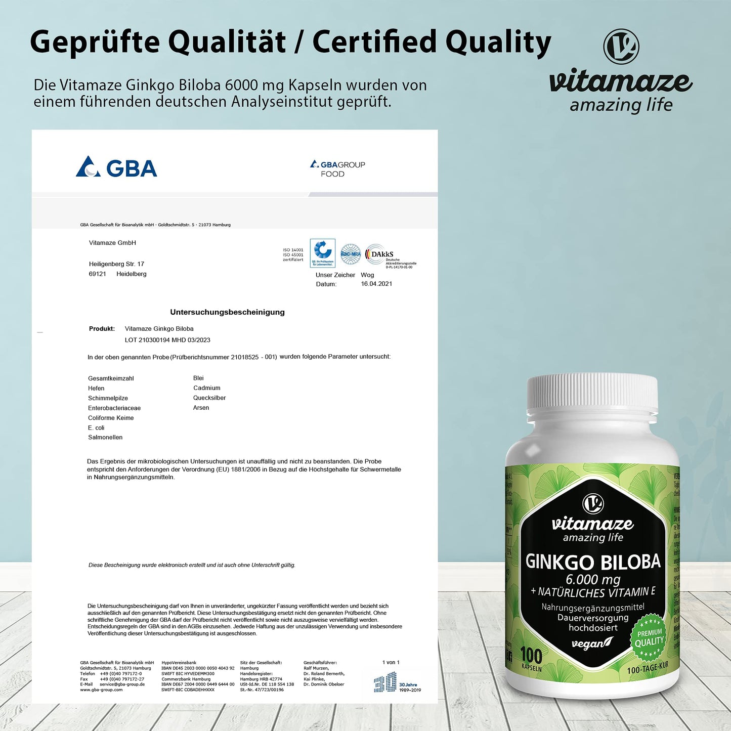 Vitamaze - amazing life Ginkgo Biloba Capsules 6000mg with Acai, L-Carnitine and Vitamin E - 100 Days Supply - Memory and Energy Booster - Gingko Biloba Extract 50:1 - Supplement Without Additives