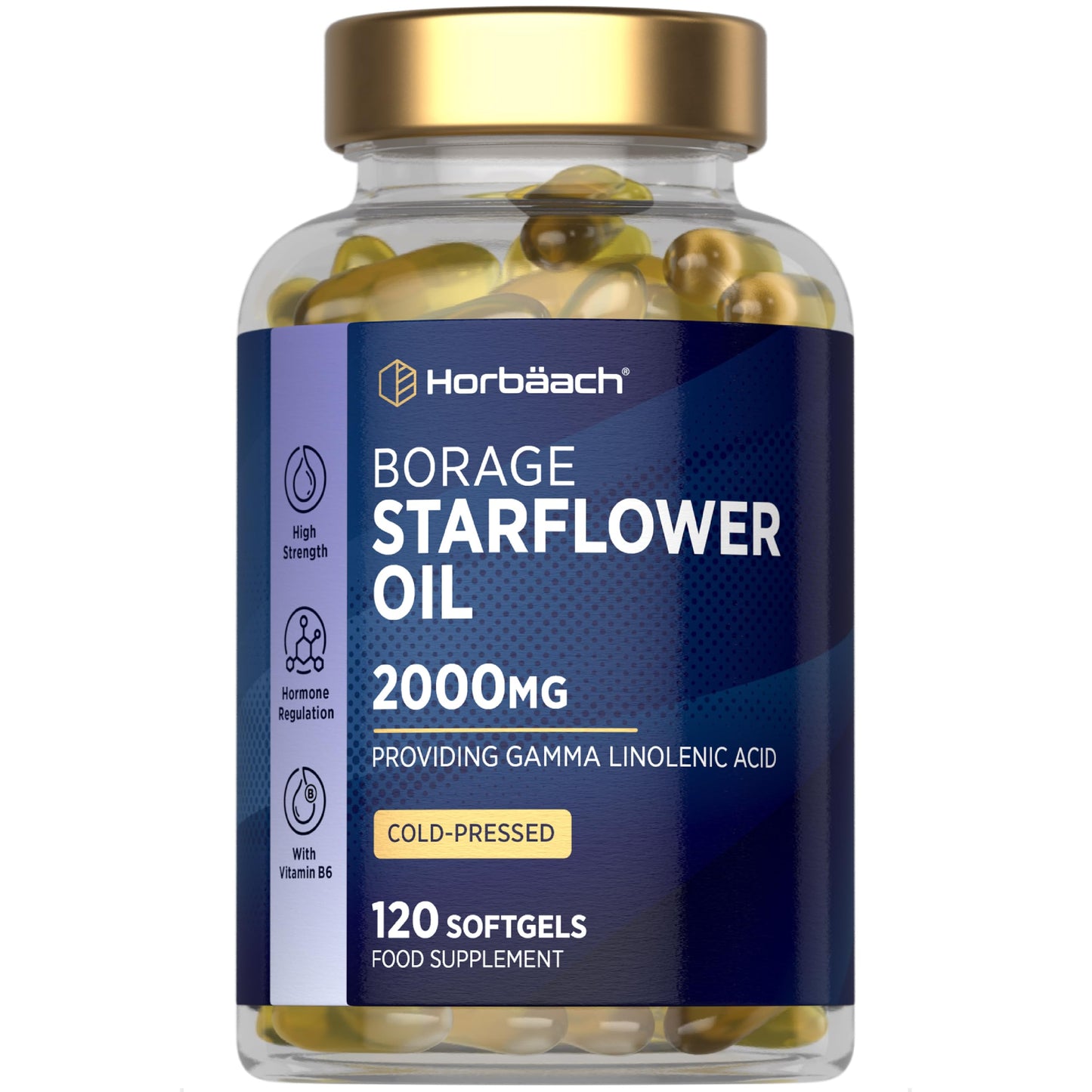 Horbäach Starflower Oil Capsules 2000mg | High Strength GLA | Cold-Pressed Borage Oil with Vitamin B6 | Natural Source of Omega-6 | 120 Softgels | by Horbaach