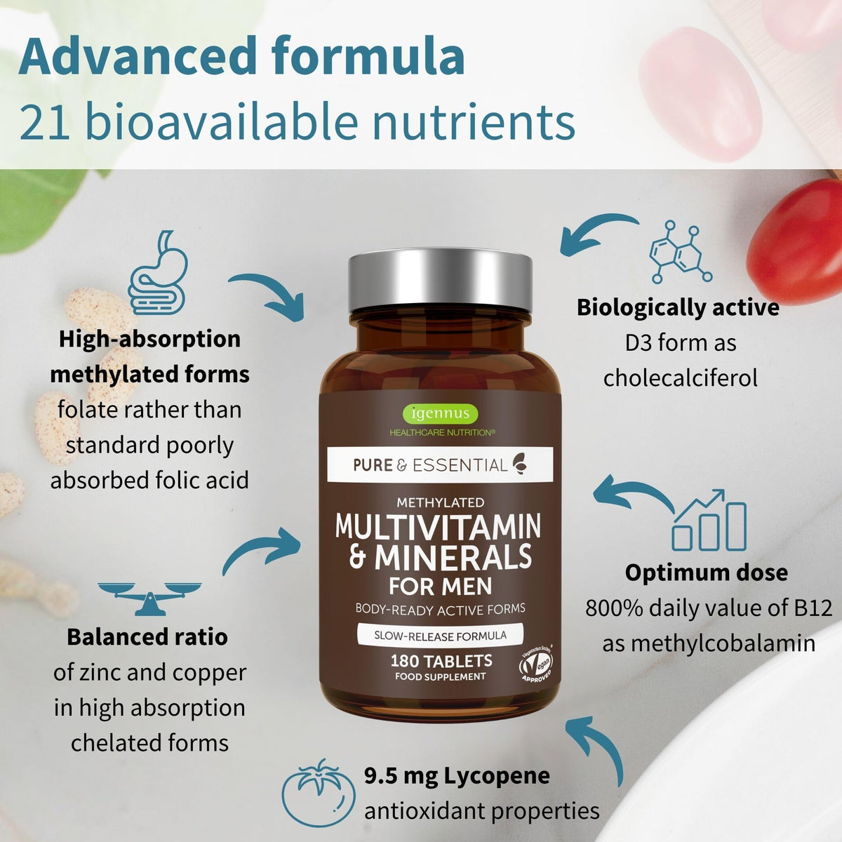 Igennus Healthcare Nutrition Igennus Methylated Men's Multivitamin, 21 Actives, Clean Label, All Day Nutrient Delivery, Expertly Formulated For Male Wellness, Energy & Heart Health, 180 Easy-to-Swallow Vegan Tablets,Non-GMO,Halal