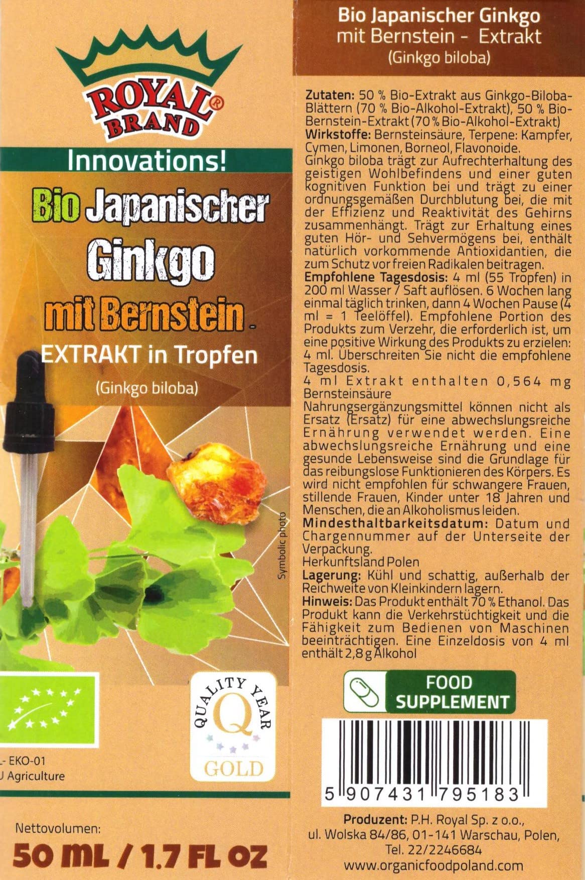 Royal Brand Ginkgo Biloba Organic Extract with Amber Organic Extract/Ginkgo Biloba with Baltic Amber Organic /50 ml/Elixir of Youth, Supports the Body and the Brain/brochure About Amber for Free.