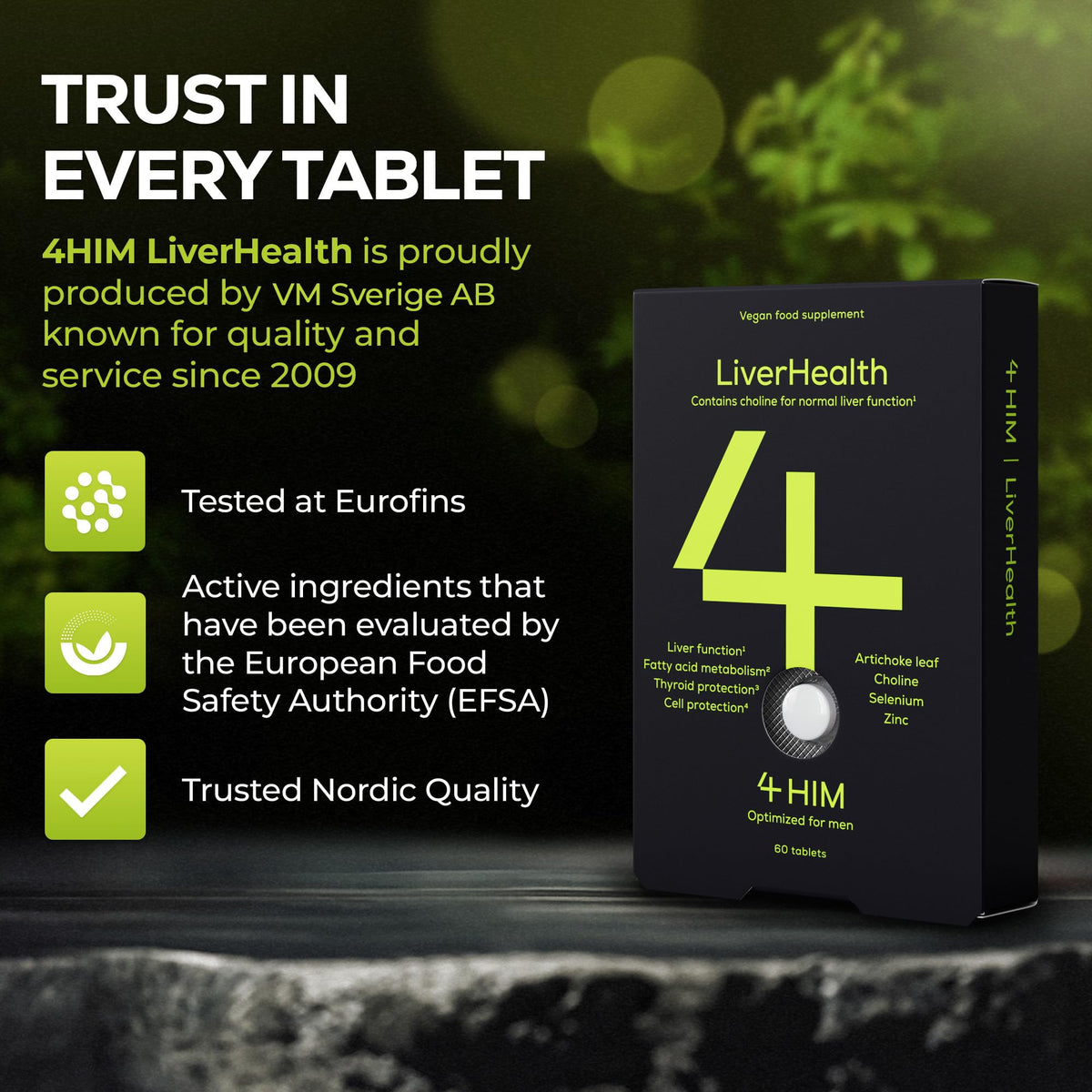 4 HIM LiverHealth Tablets – Choline 90mg & Artichoke 450mg for Liver Function – Selenium for Thyroid – 10-in-1 Complex with Zinc, D3, B6 & B2 – for Men – 60 Vegan Tablets – Lab Tested, GMP-Certified