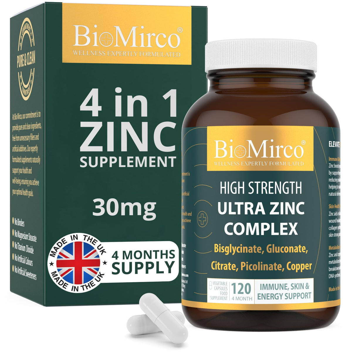 Bio Mirco Zinc Supplements, High Strength Zinc Picolinate, Bisglycinate, Gluconate, Citrate 30mg & Copper Complex, Immune System & Cognitive Function, Zink Supplement for Men & Women, 120 Capsules, UK Made