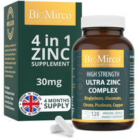 Bio Mirco Zinc Supplements, High Strength Zinc Picolinate, Bisglycinate, Gluconate, Citrate 30mg & Copper Complex, Immune System & Cognitive Function, Zink Supplement for Men & Women, 120 Capsules, UK Made
