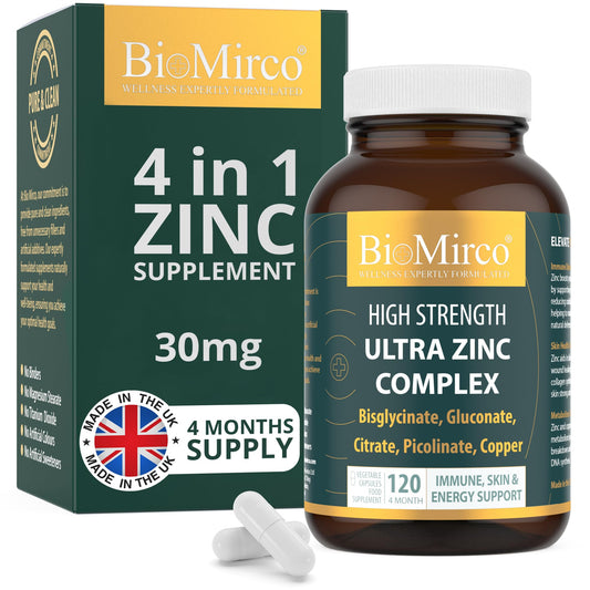 Bio Mirco Zinc Supplements, High Strength Zinc Picolinate, Bisglycinate, Gluconate, Citrate 30mg & Copper Complex, Immune System & Cognitive Function, Zink Supplement for Men & Women, 120 Capsules, UK Made