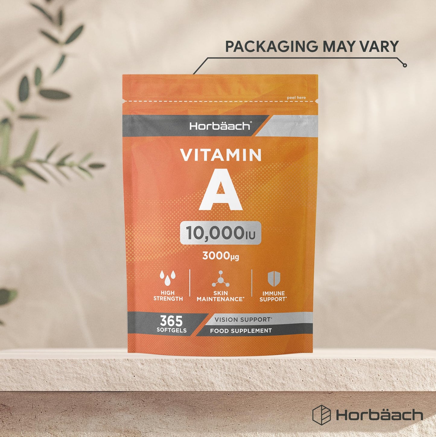 Horbäach Vitamin A Supplement 10,000iu | 365 Count (1 Year Supply) | High Strength Vitamin A 3000ug as Retinyl Palmitate | Tablet Alternative for Adults | by Horbaach