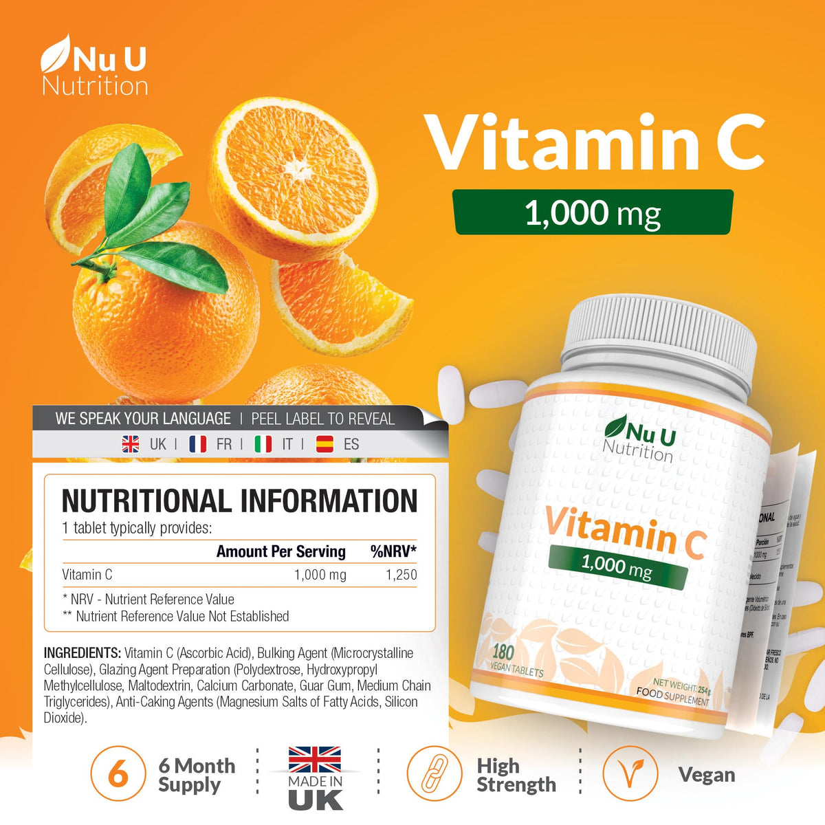 Nu U Nutrition - Vitamin C 1000mg - 180 Vegan Tablets - 6 Month Supply - High Strength Ascorbic Acid - Made in the UK