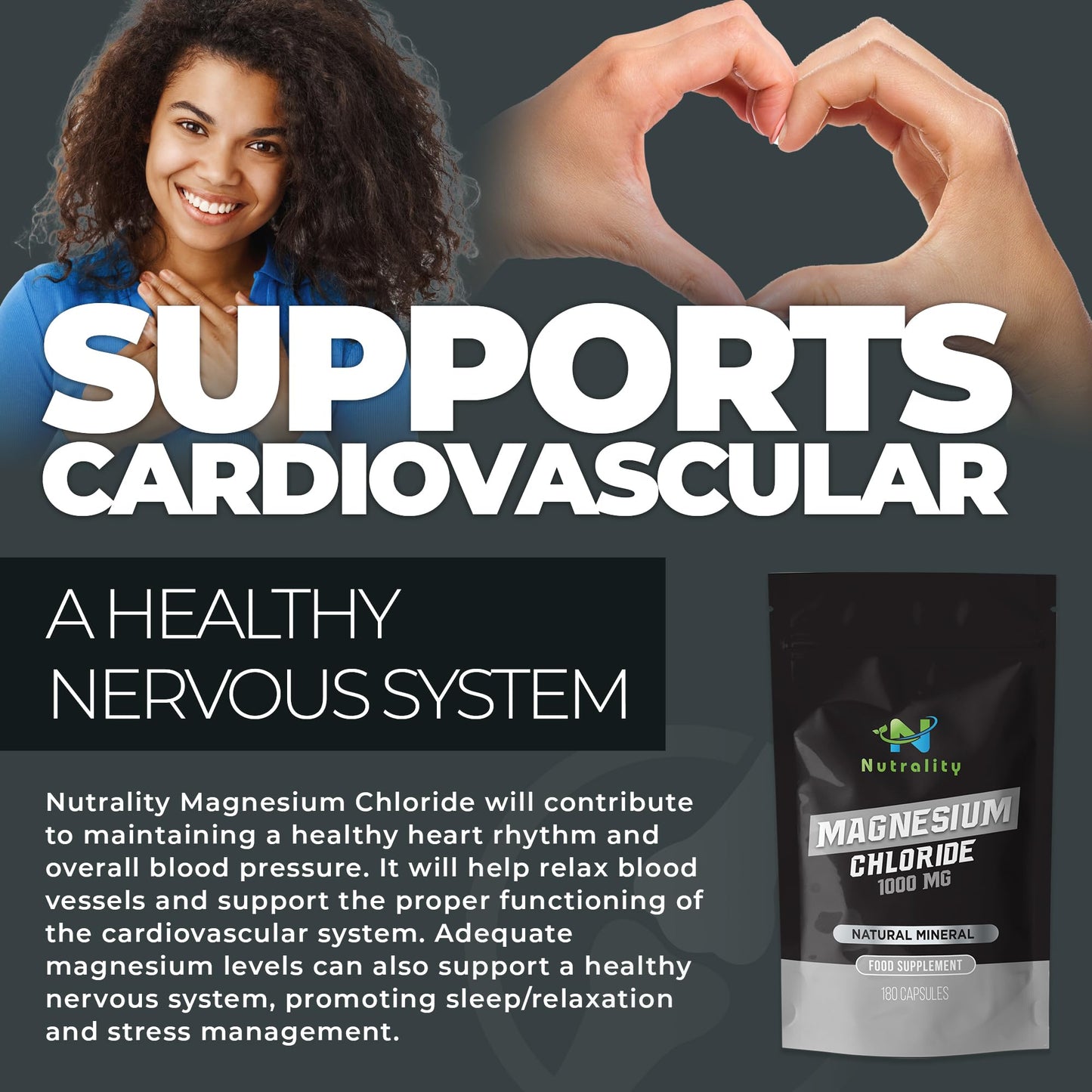 Nutrality Magnesium Chloride Supplement 1000mg | for Men & Women | for Sleep,Constipation, Digestion, Bone Health & Relaxation | Vegan | 180 Capsules