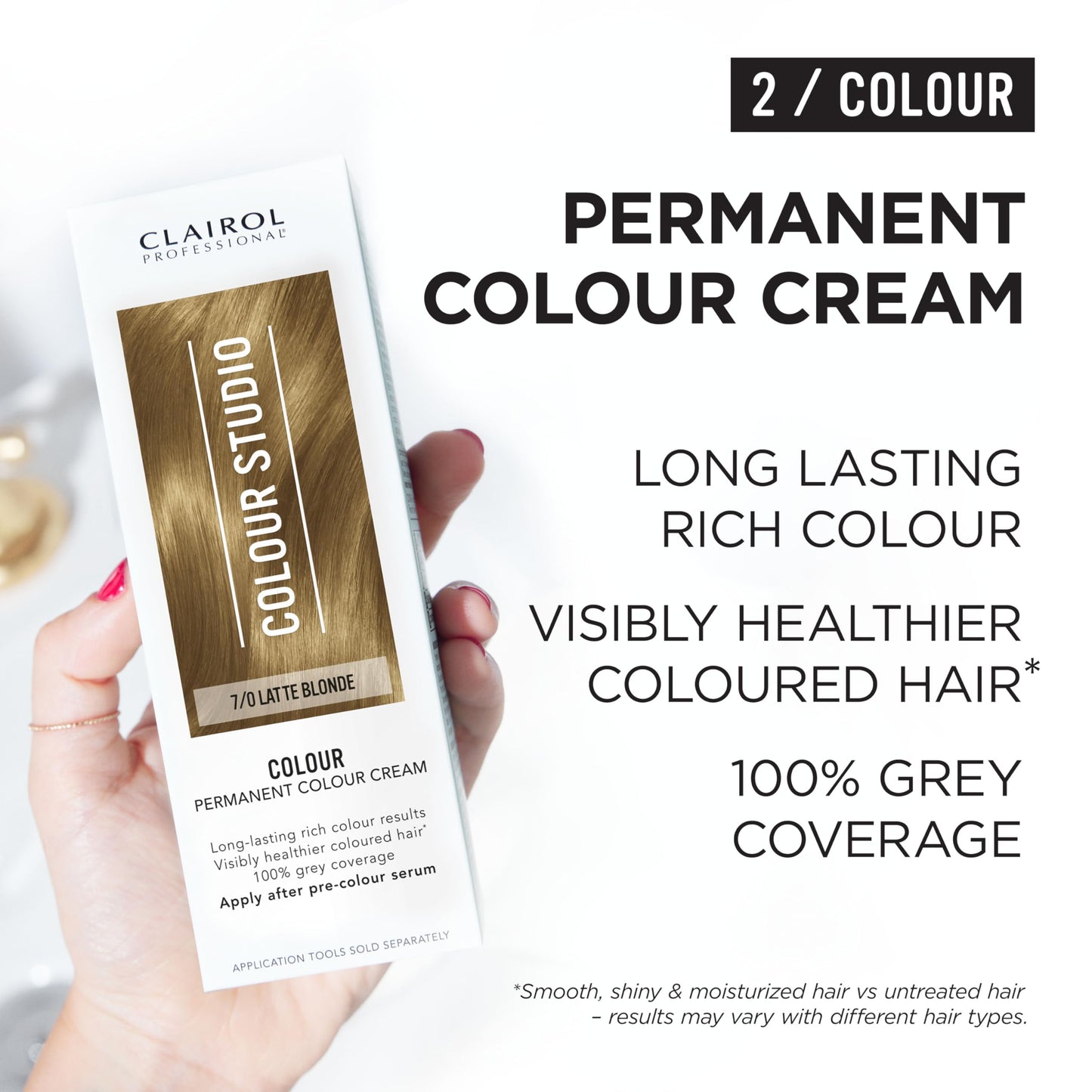 Clairol Colour Studio Permanent Colour Cream | Hair Dye | Long-lasting Rich Tones | 100% Grey Coverage | Dermatologically Tested Vegan Formula | Hair Colouring Kit | Latte Blonde 7/0 I 50ml
