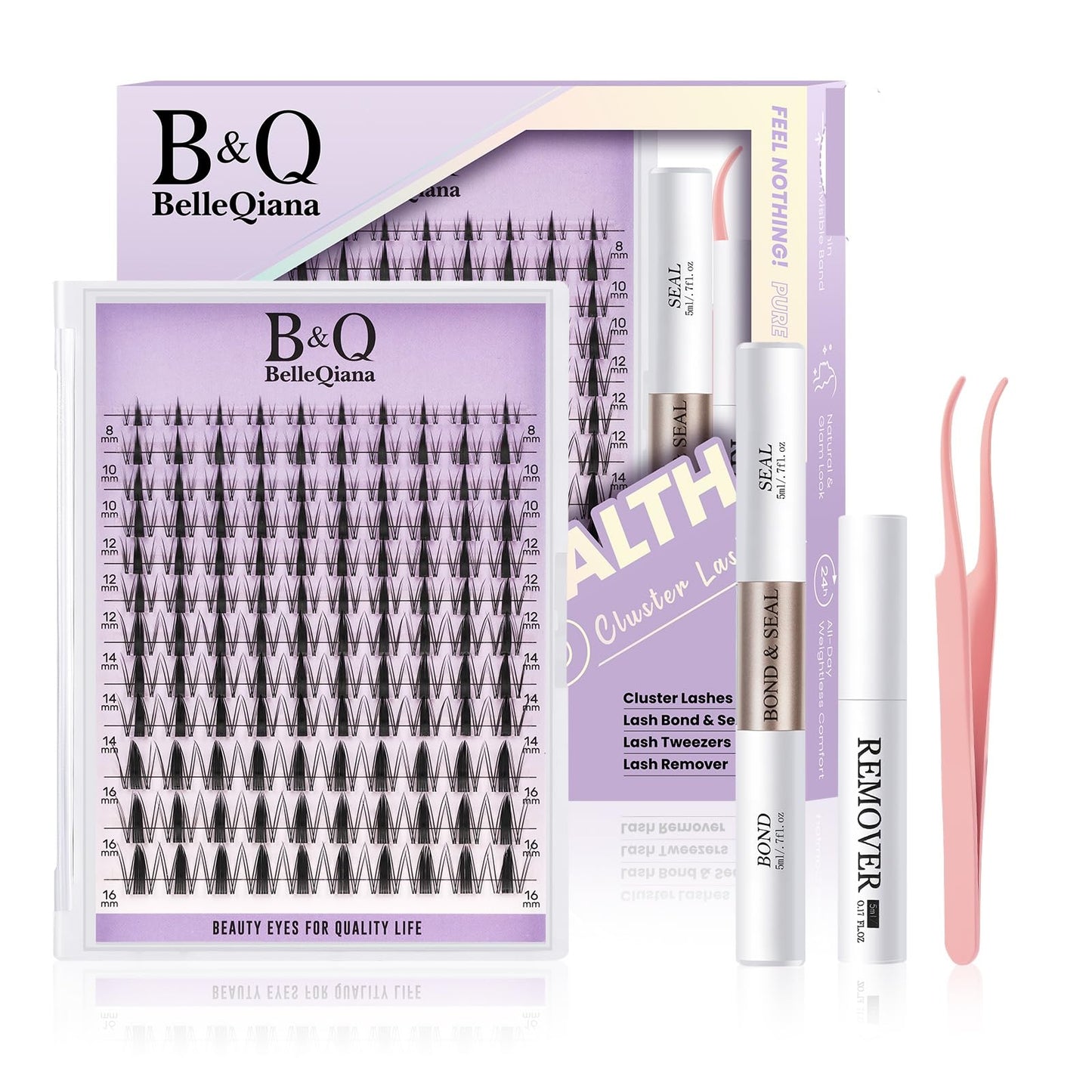 BelleQiana B&Q Fairy Cluster Lashes Kit 8-18mm Individual Eyelashes Invisible Band 144pcs Manga Lashes Eyelashes Individual Kit Soft & Waterproof Lash Clusters with Bond & Seal & Removal (Kit-Fairy Lash)