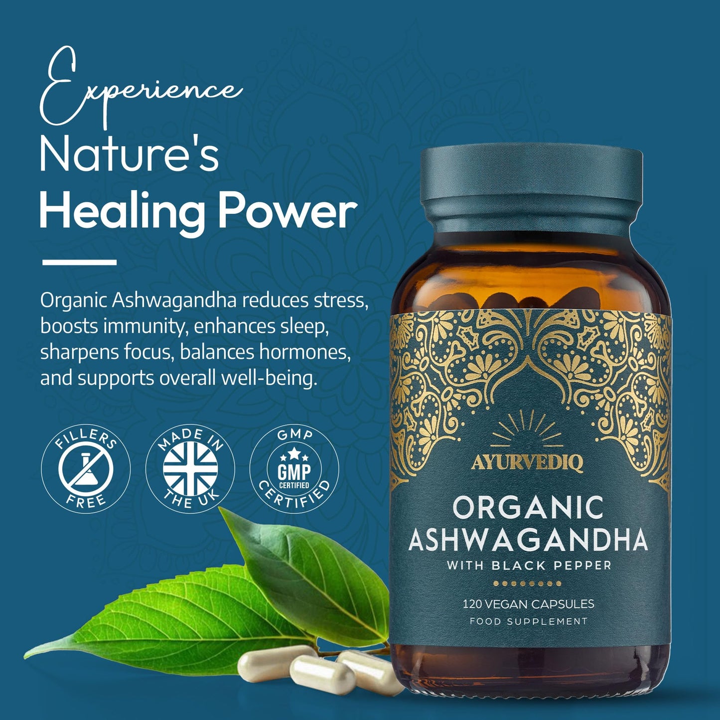 AYURVEDIQ WELLNESS Ayurvediq Wellness Organic Ashwagandha with Organic Black Pepper 650mg, 120 Capsules - Ashwagandha High Strength for Anxiety, Stress Relief for Adults, Better Sleep - Vegan Ayurvedic Products