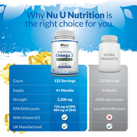 Omega 3 Fish Oil 2200mg & Vitamin D3 2000IU - 250 Capsules Over 4 Month Supply - 720mg EPA & 480mg DHA per Serving High Strength 1100mg Fish Oil per Capsule