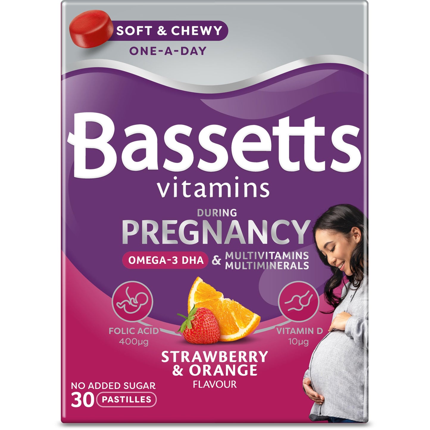 Bassetts Vitamins Pregnancy Omega-3 DHA, Multivitamins & Multiminerals Strawberry & Orange 30's No Added Sugar