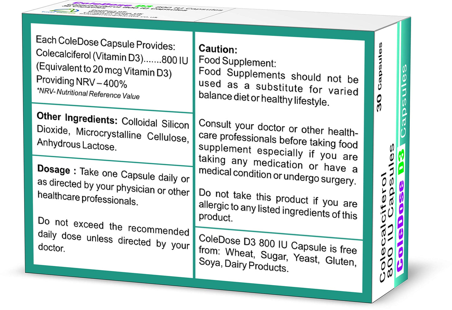 Vitamin D 800 IU –Equivalent to 20 mcg - ColeDose D3, Premium Vitamin - 30 Capsules- One a Day