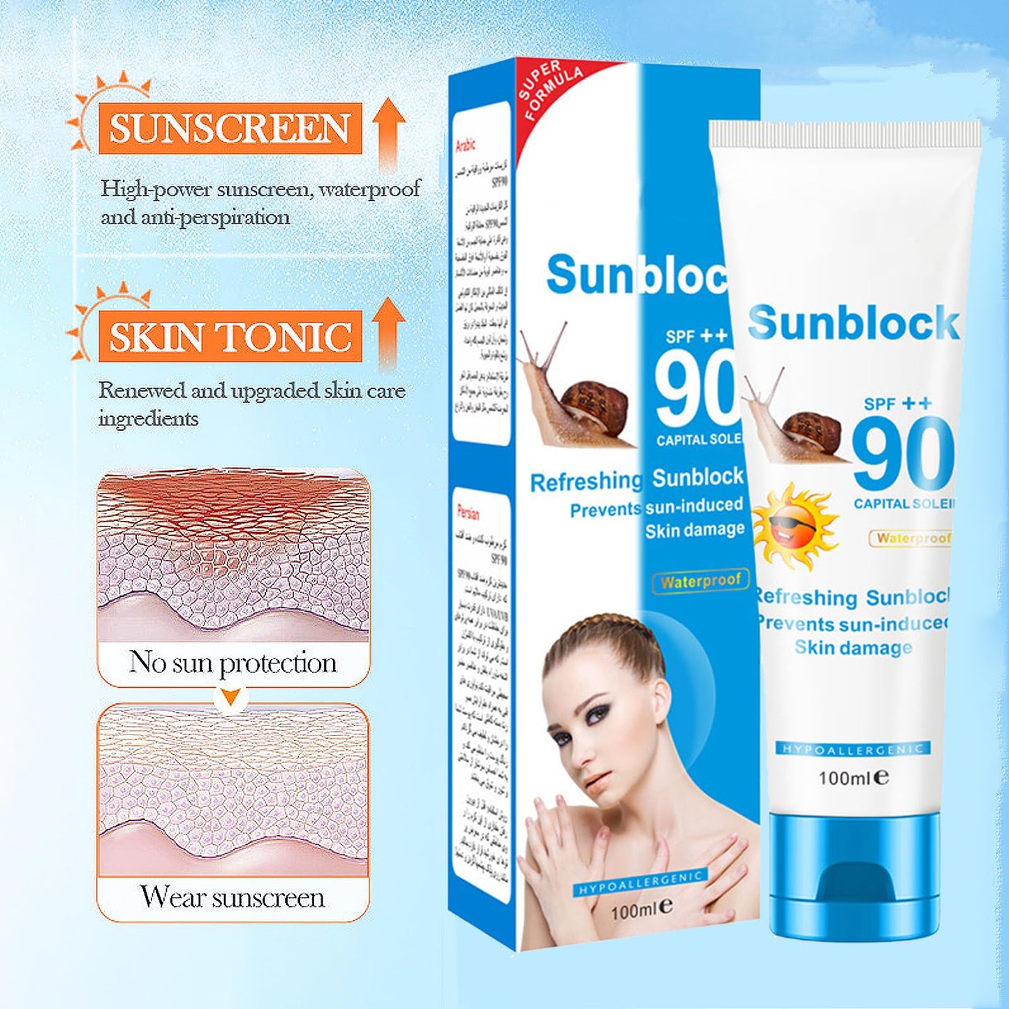 NLFOX Sunblock SPF90++ Face Cream - Non Greasy Sunscreen for All Skin Types - Snail Essence Sun Protection - Ultra Light Sun Lotion,100ml