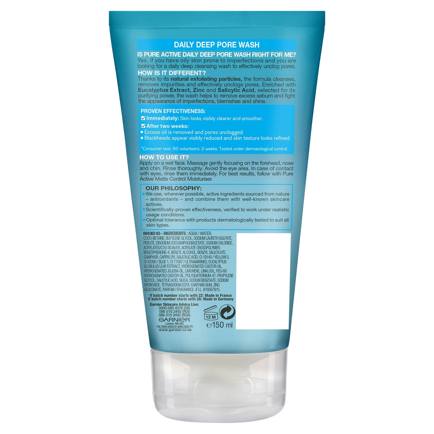 Garnier Pure Active Anti-Blackhead Deep Pore Face Wash 150ml, Face Cleanser For Oily Skin, With Zinc & Salicylic Acid - Removes Excess Oil, Unclogs Pores & Reduces Blackheads, Dermatologically Tested