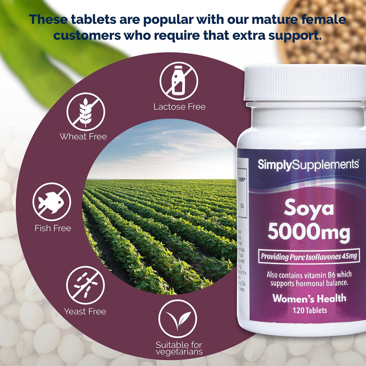 SOYA Isoflavones 5000mg | Now with Added Vitamin B6 for Hormonal Balance | Potent One-a-Day Formula | 120 Tablets = 4 Month Supply | Manufactured in The UK