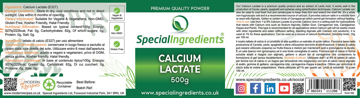 SPECIAL INGREDIENTS Calcium Lactate Powder 500g Premium Quality - Vegan & Vegetarian, Non-GMO, Gluten Free - Recyclable Container