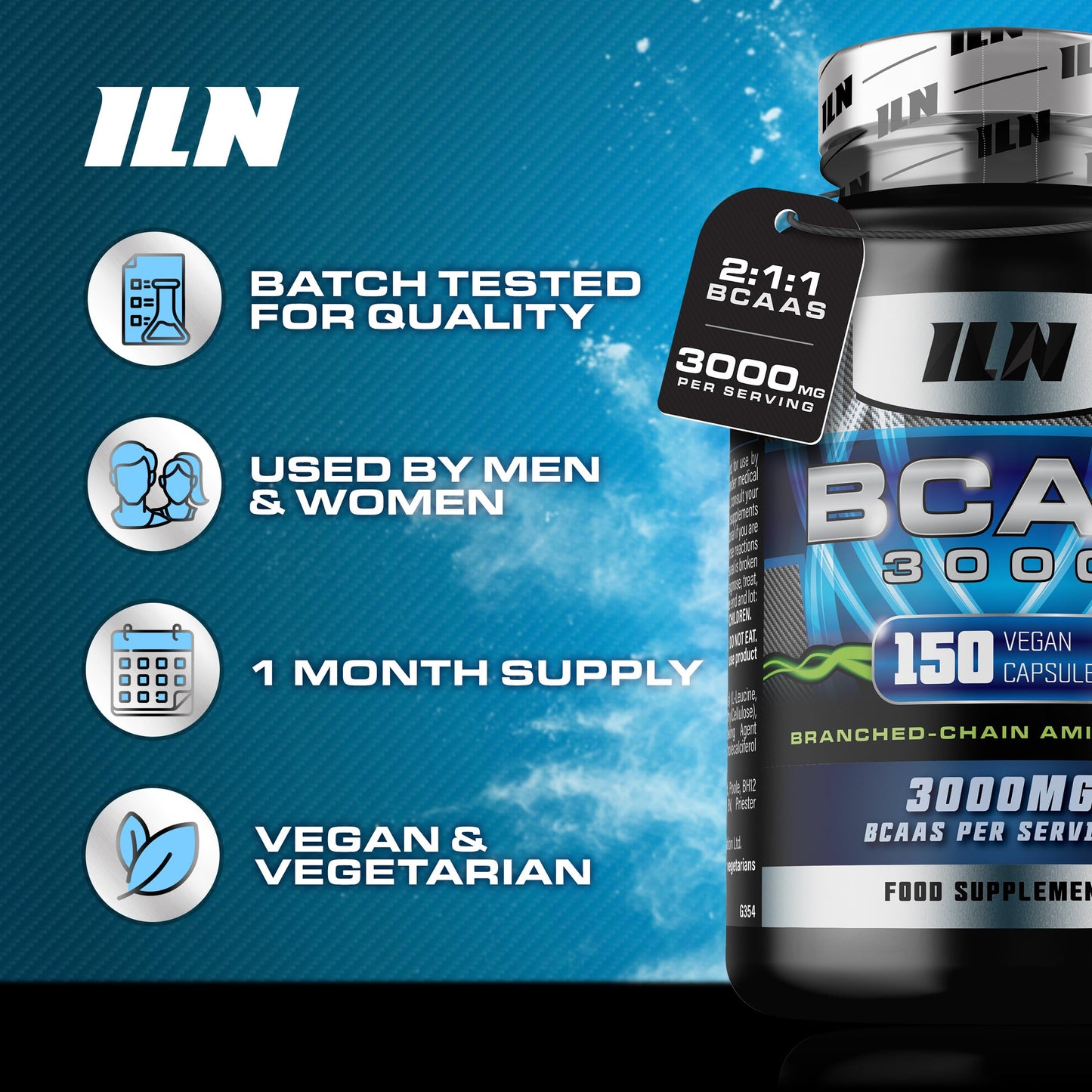 Iron Labs Nutrition ILN – BCAA Capsules 3000mg – 2:1:1 Amino Acid Supplements (150 Capsules – 1 Month Supply) – Vegetarian BCAA Tablets
