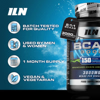 Iron Labs Nutrition ILN – BCAA Capsules 3000mg – 2:1:1 Amino Acid Supplements (150 Capsules – 1 Month Supply) – Vegetarian BCAA Tablets