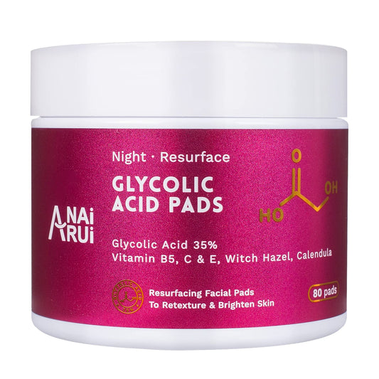 ANAiRUi Glycolic Acid Pads 35%, Resurfacing AHA Facial Pads with Vitamins B5, C & E, Witch Hazel & Calendula, Exfoliating Face Pads for Dark Spots, Acne, and Reduces Fine Lines & Wrinkles, 80 Pads