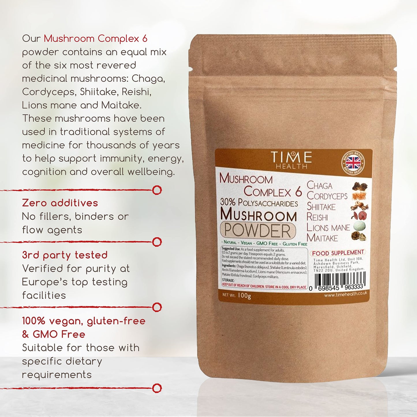 Mushroom Complex 6 Powder ∣ Chaga, Cordyceps, Shiitake, Reishi, Lions Mane, Maitake ∣ 30% Polysaccharides (100g Powder Pouch)