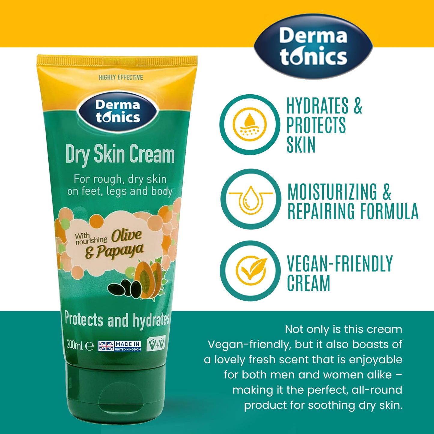 Dermatonics Natural Care Dry Skin Cream | Enriched with 10% Urea, Olive & Papaya Extracts | Suitable for Diabetics | Long lasting Hydration & Gentle Scent | Vegan Friendly | 200 ml