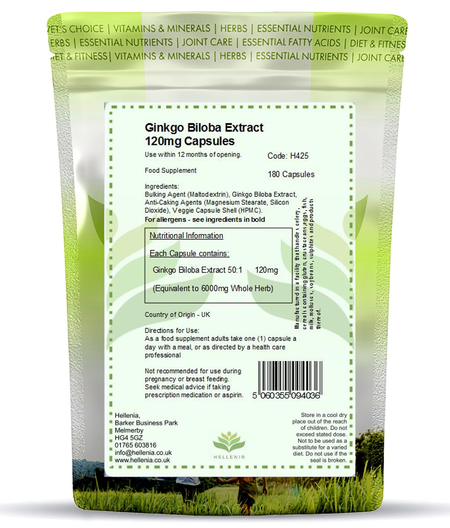 Ginkgo Biloba High Strength Capsules | 6000mg Highly Dosed | 50:1 Extract - 180 Capsules | Ginkgo Biloba 6000mg | Suitable for Vegans - Manufactured in the UK by Hellenia