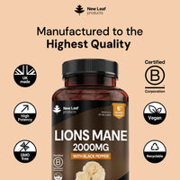 NEW LEAF PRODUCTS Lions Mane Mushroom 2000mg - 365 High Strength Vegan Tablets - Lion's Mane Supplement with Black Pepper - Lion's Mane Mushrooms Extract (Not Powder or Capsules) Made in The UK by New Leaf Products