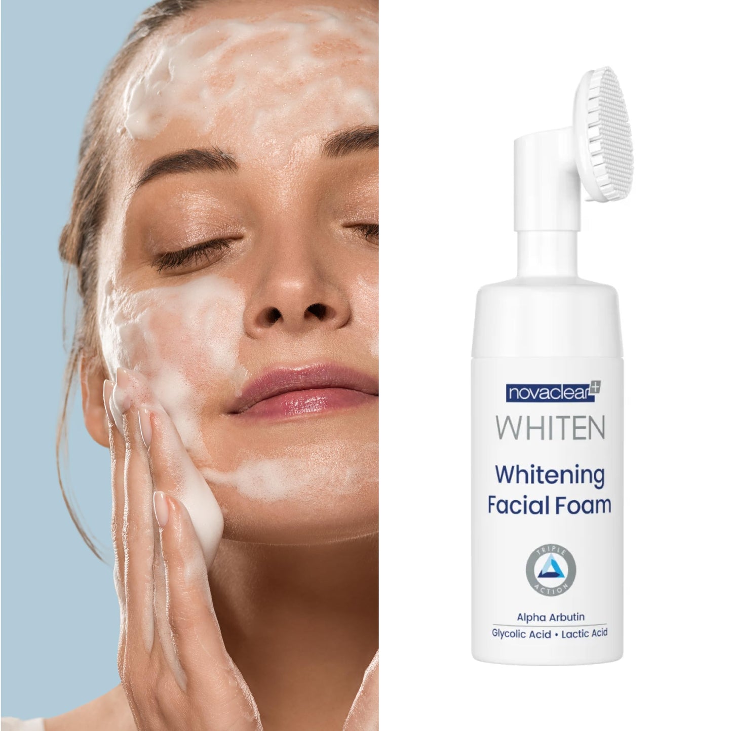 Novaclear Whitening Facial Foam – Silicon Brush Face Wash with Alpha Arbutin, Glycolic Acid & Lactic Acid – Deep Cleansing, Exfoliating & Brightening Foam for Dark Spots & Uneven Skin Tone 100 ML