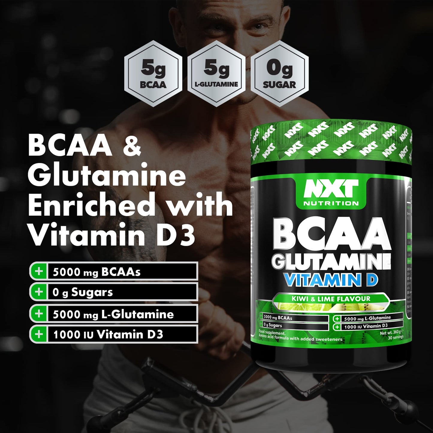 NXT Nutrition BCAA, Glutamine & Vitamin D | BCAAs Amino Acids with Vitamin D3 and L-Glutamine - for Recovery, Gut Health and Muscle Protein Synthesis | 360g - 30 Servings (Kiwi Lime)