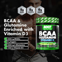NXT Nutrition BCAA, Glutamine & Vitamin D | BCAAs Amino Acids with Vitamin D3 and L-Glutamine - for Recovery, Gut Health and Muscle Protein Synthesis | 360g - 30 Servings (Kiwi Lime)