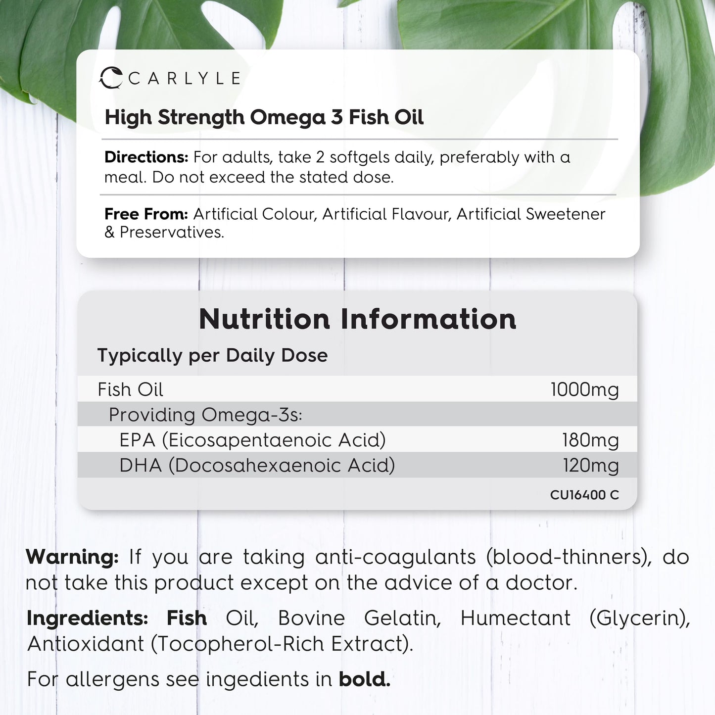Omega 3 Fish Oil Capsules High Strength | Fatty Acids Supplement | 1000mg with 180mg of EPA and 120mg of DHA | 180 Softgels | by Carlyle