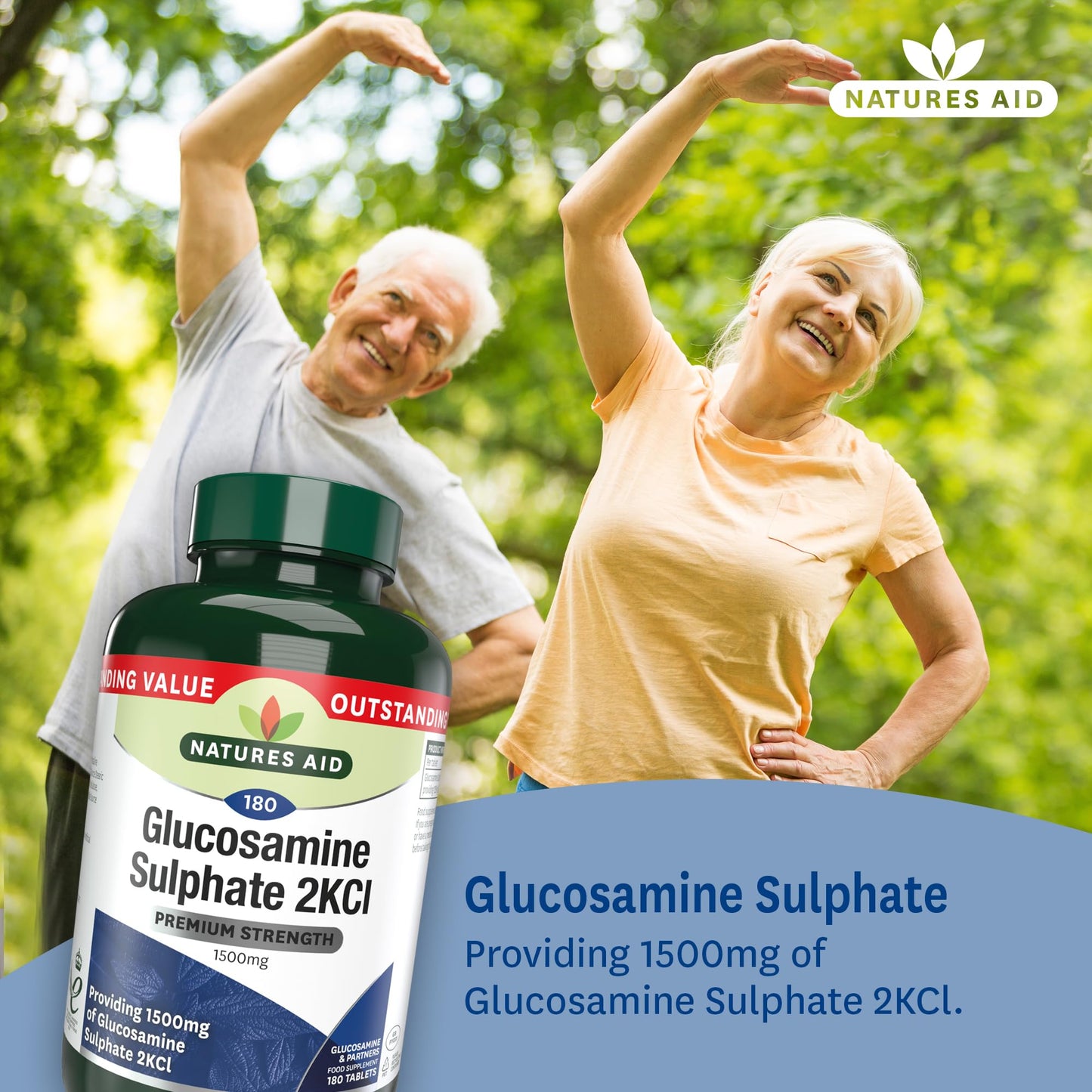 Natures Aid Glucosamine Sulphate 2KCl 1500mg – High Strength Joint Support – Helps Mobility & Flexibility – Non-GMO, Gluten-Free – Natural Supplement – 180 Tablets