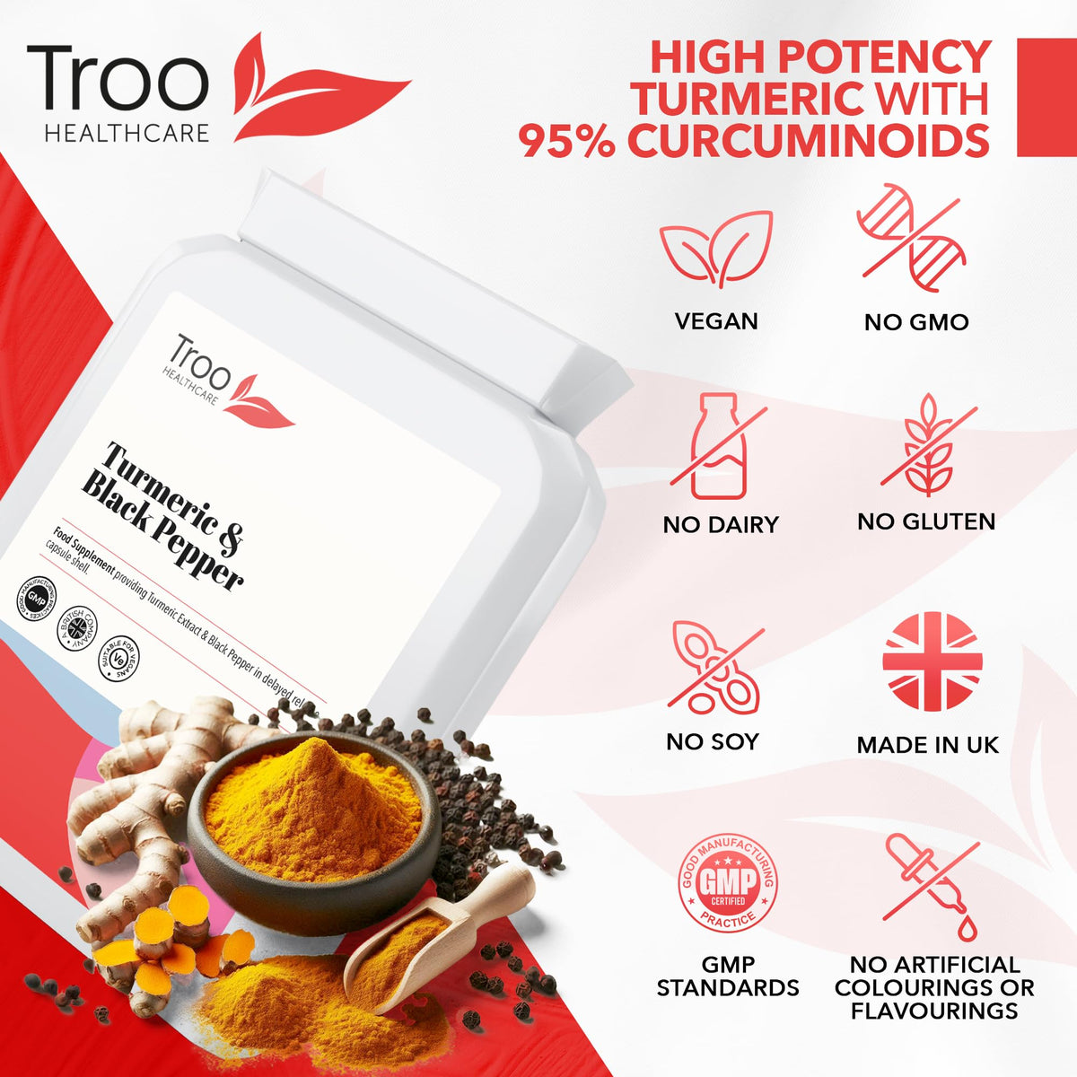 Troo Health Care Turmeric Supplement (500 mg) - 60 Capsules with Black Pepper Extract Piperine | Provides 95% Standardisation of Curcumin | UK Manufactured
