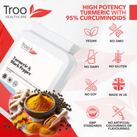 Troo Health Care Turmeric Supplement (500 mg) - 60 Capsules with Black Pepper Extract Piperine | Provides 95% Standardisation of Curcumin | UK Manufactured