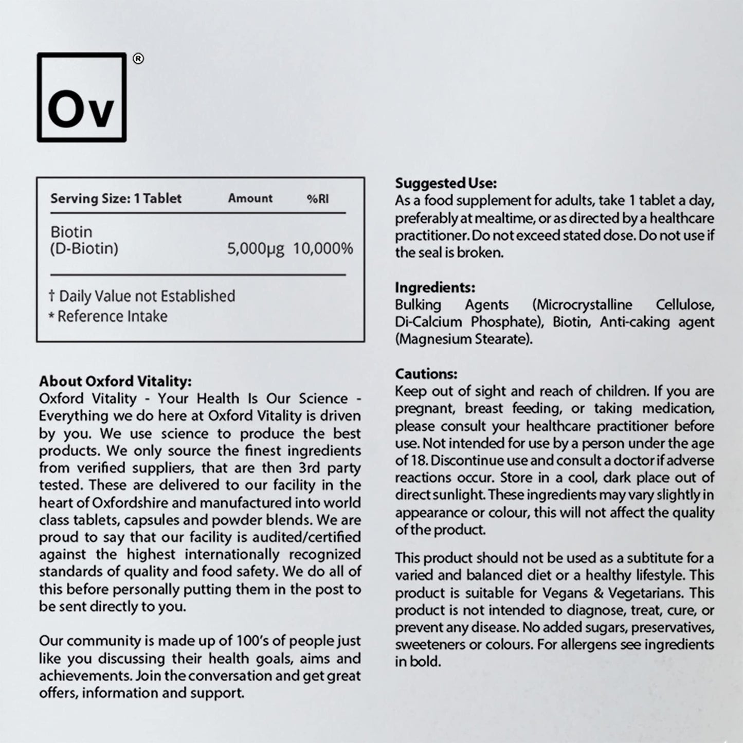 Ov OXFORD VITALITY Biotin Tablets 5000mcg | High Strength Supplement | Skin, Hair & Metabolism Support | Vegetarian and Vegan | Oxford Vitality