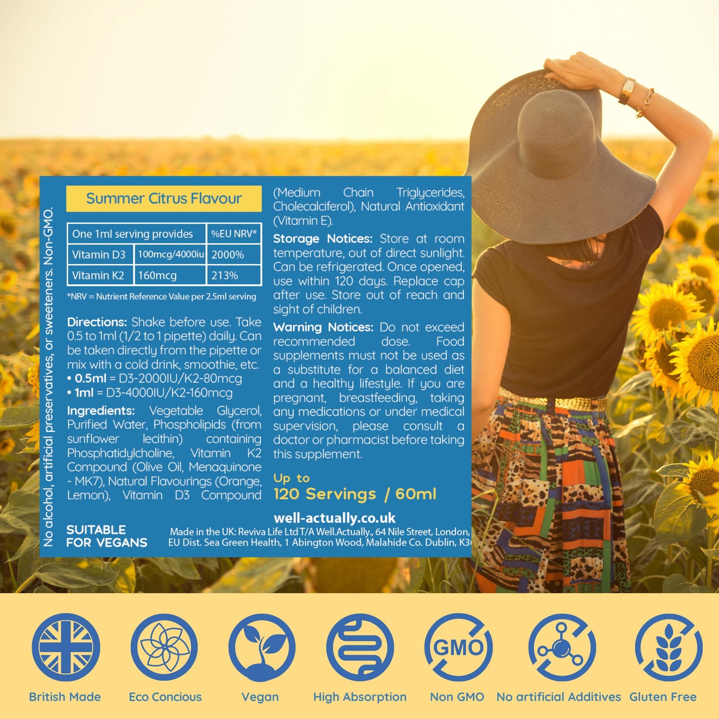 WELL ACTUALLY Liposomal Vitamin D3 + K2 Liquid Pipette - High Absorption Vegan Vitamin D3 4000 IU & Vitamin K2-7 160mcg as Menaquinone-7 MK-7 - Summer Citrus (up to 120 Servings)