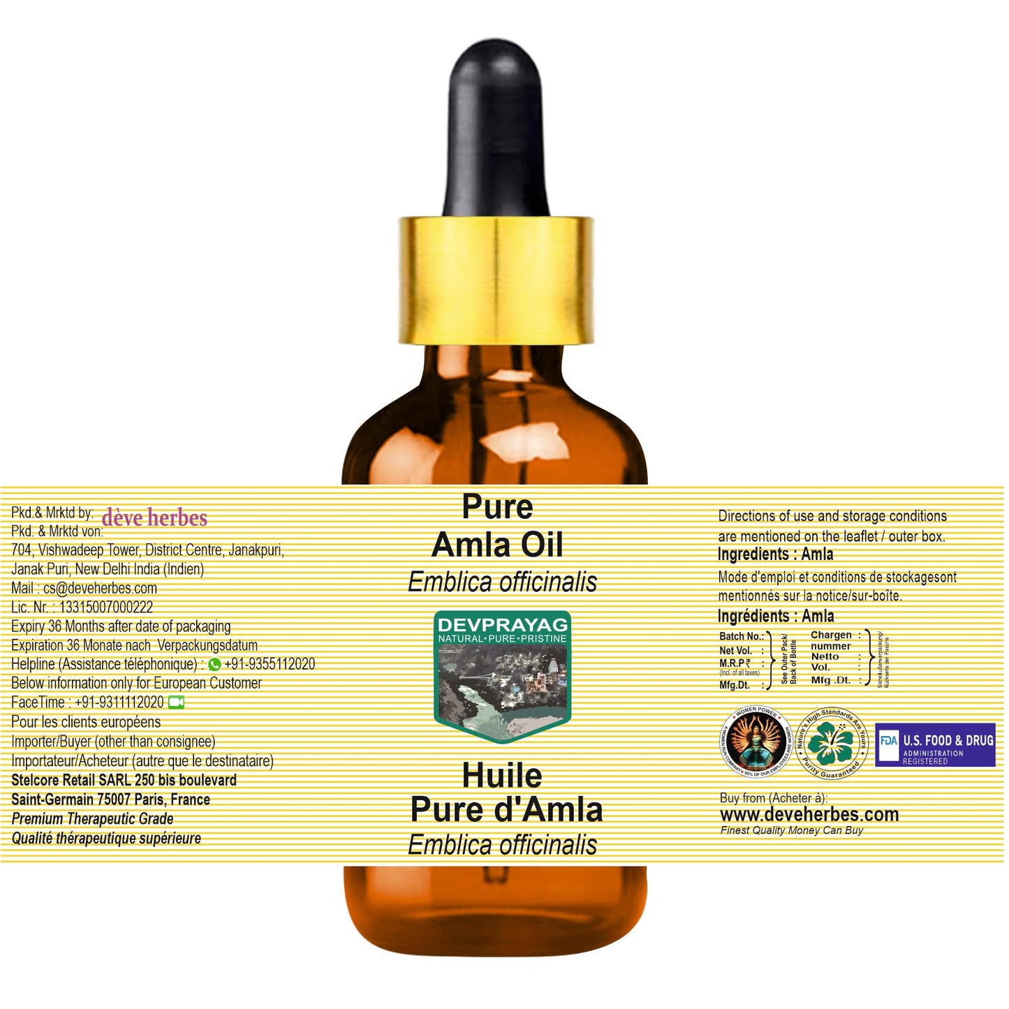 DEVPRAYAG Devprayag Pure Amla Oil (Emblica officinalis) with Glass Dropper Natural Therapeutic Grade 100ml (3.38 oz)
