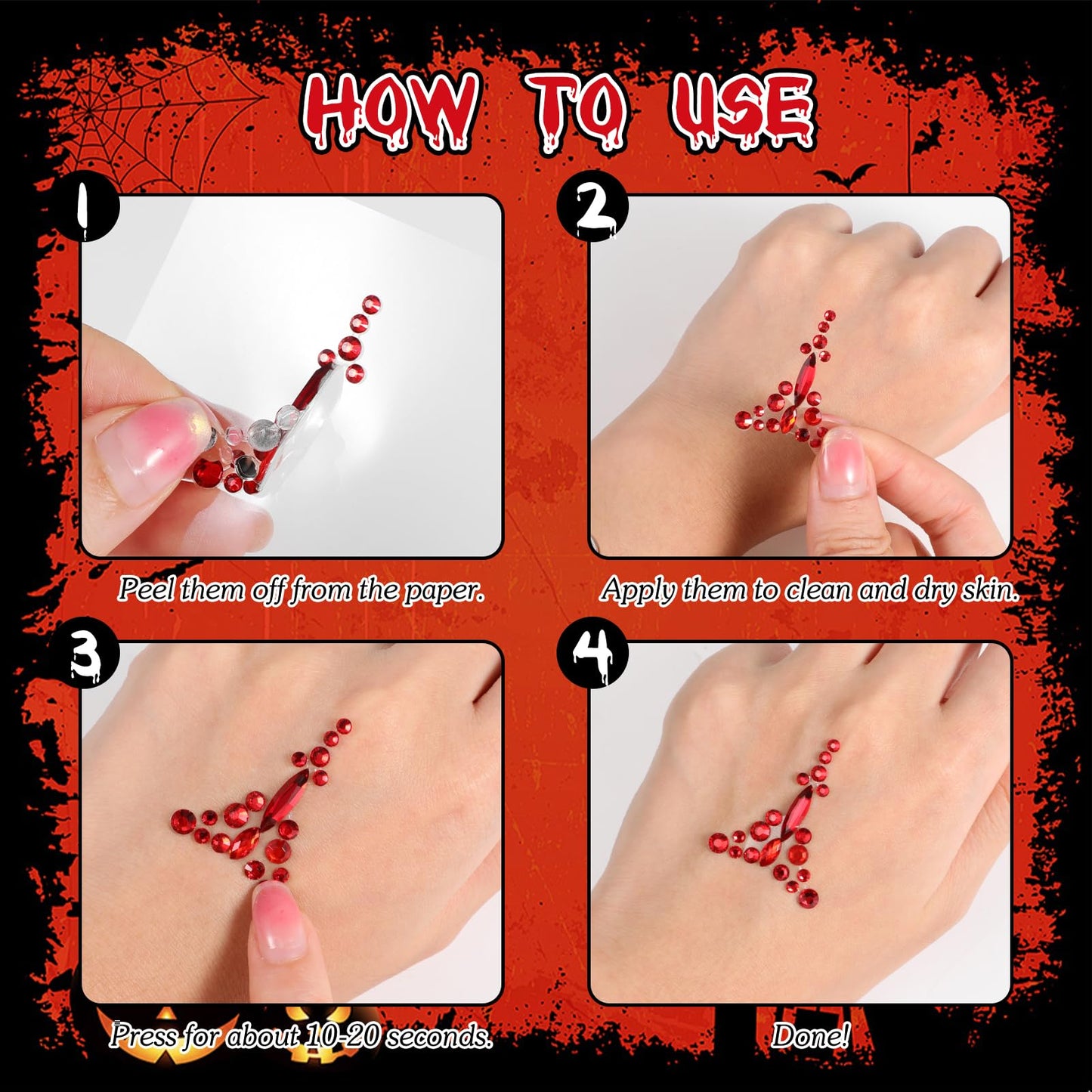 HOWAF 2 PCS Halloween Face Stickers Jewels, Clown Face Tattoos Rhinestone Temporary Tattoos for Clown Costume Halloween Costumes Men Women Kids, A