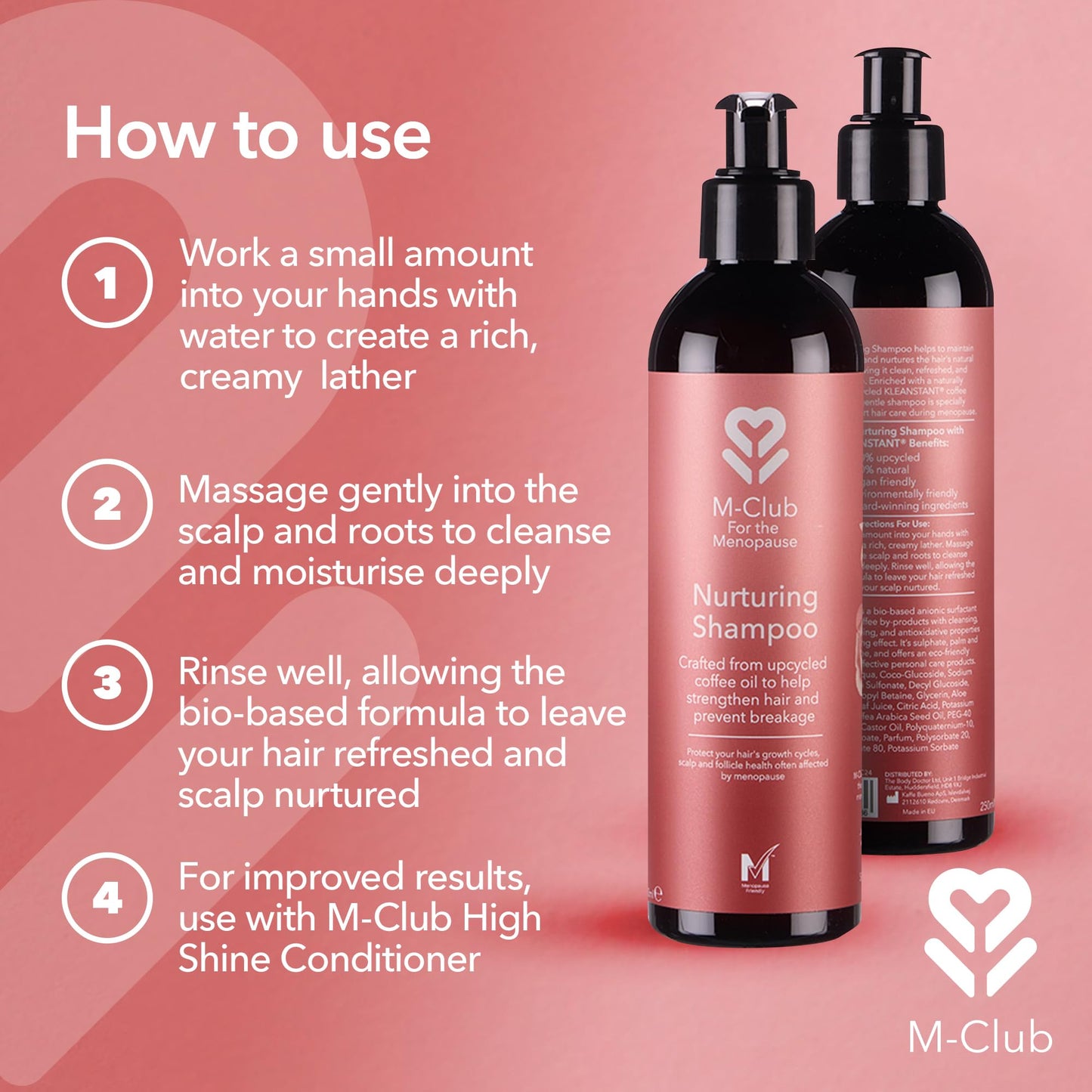 M-Club Menopause Shampoo - For Women Strengthens & Hydrates Menopause Hair – Made From Upcycled Coffee Oil this Shampoo for Menopausal Hair aids Scalp & Follicle Health - Vegan Eco Formula - 2x 250ml
