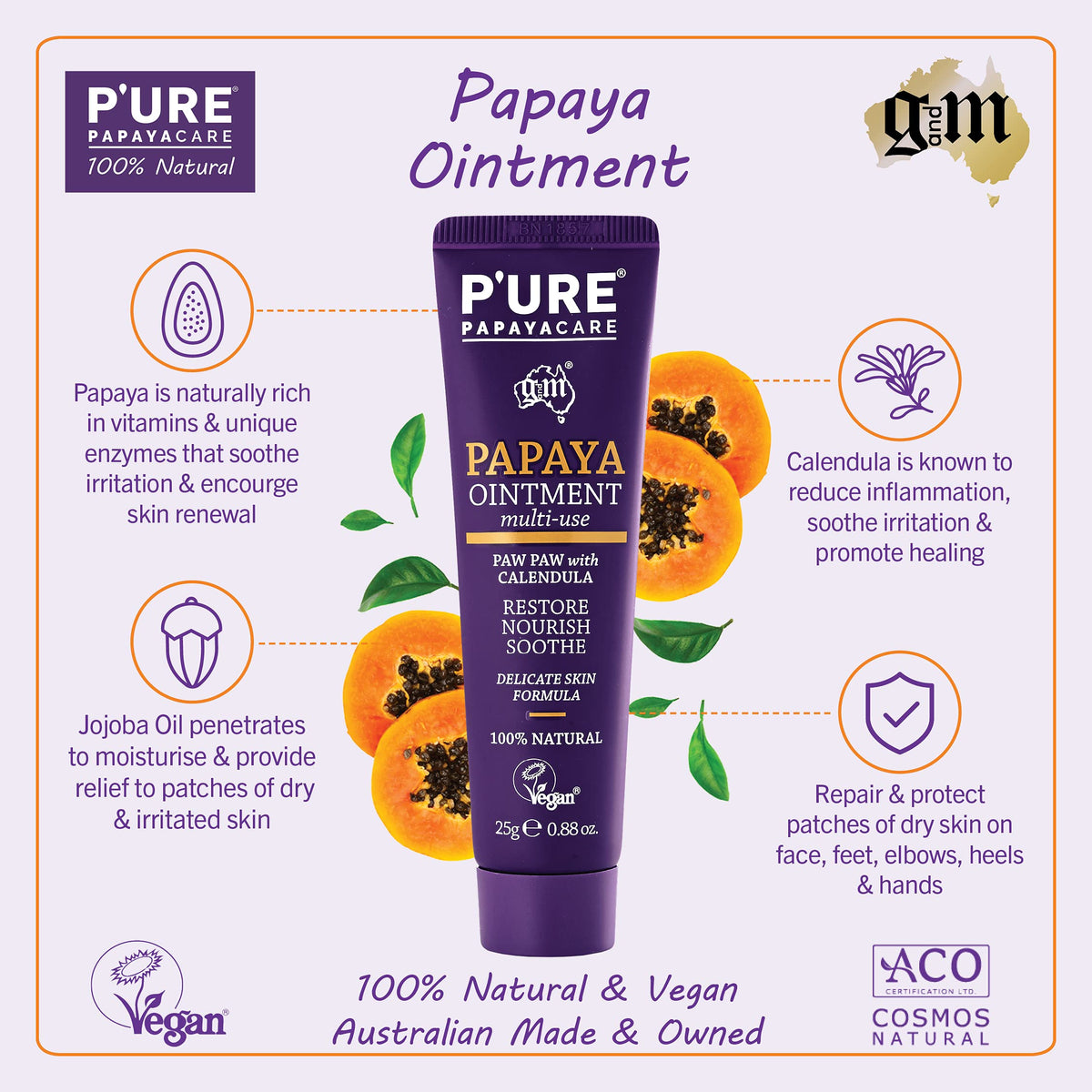 P'URE PAPAYACARE Natural Eczema Cream & Dry Skin Repair Ointment - P'URE PAPAYA CARE 25g OINTMENT Vegan Moisturiser with Shea Butter, Calendula, Jojoba Oil - Fragrance-Free, Hypoallergenic Therapy for Sensitive Skin