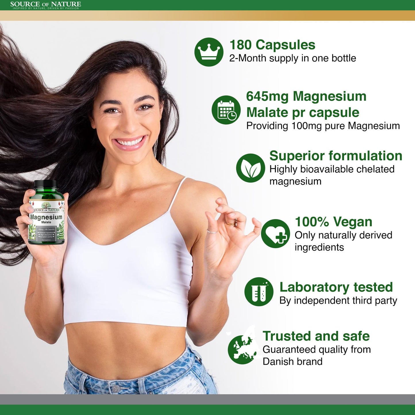 Source of Nature® | Magnesium Malate 645mg | 180 Capsules | 2-Month Supply | 100mg Elemental | High Bioavailability | Easy on The Stomach | Laboratory Tested