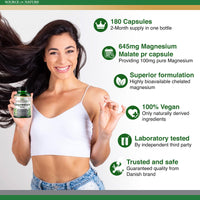 Source of Nature® | Magnesium Malate 645mg | 180 Capsules | 2-Month Supply | 100mg Elemental | High Bioavailability | Easy on The Stomach | Laboratory Tested