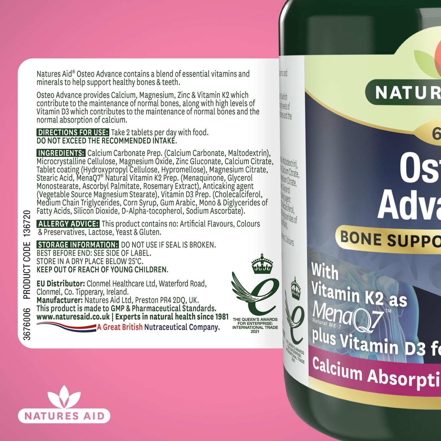 Natures Aid Osteo Advance with MenaQ7® – High Strength Bone & Joint Support Supplement – Calcium, Magnesium, Vitamin D3 & K2 – Vegan, Gluten Free, Non-GMO – 60 Tablets